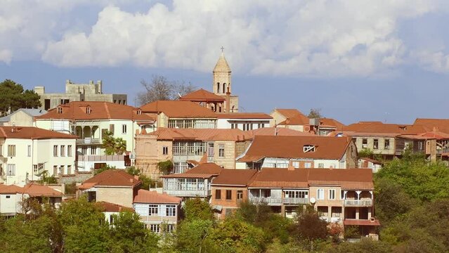 Zoom out view of Sighnaghi city buildings panorama from famous viewpoint in autumn.Famous travel destination caucasus