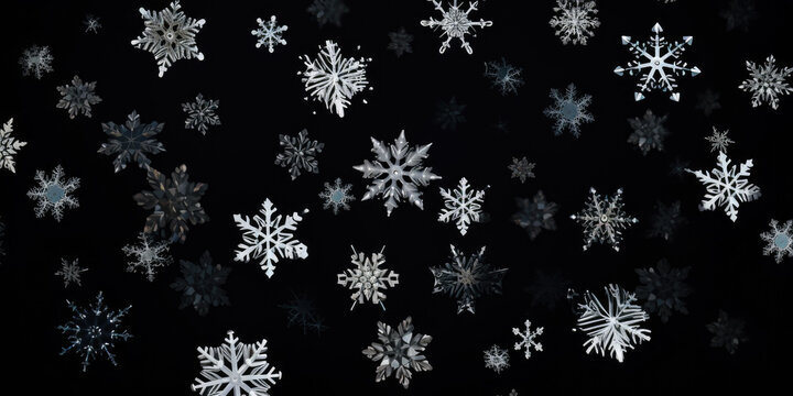 Beautiful Various Falling Snowflakes On A Black Background Created Using Artificial Intelligence