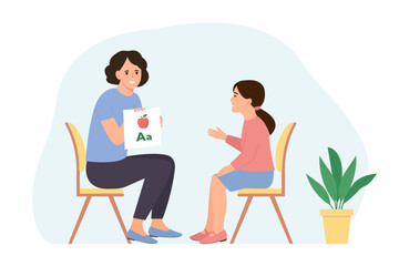 English teacher showing alphabet cards to the girl. Woman explaining rules of english language to  child in accessible way.Studying foreign vocabulary and grammar. Flat vector illustration