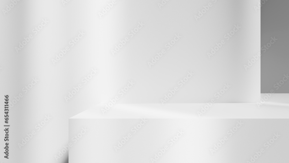 Poster white table abstract background with lights spotlights and shadows, white platform stage, empty spac