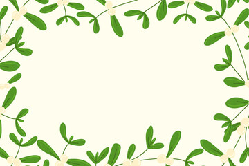Obraz premium Mistletoe vector Frame. Floral Border. Flat cartoon Christmas decoration. Botanical decorative element, Postcard, Poster, Banner, Card template. Color Seasonal illustration.