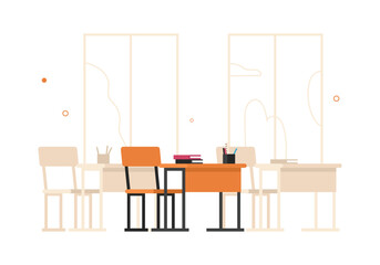 Vector illustration of an empty school classroom with desks and chairs - obrazy, fototapety, plakaty