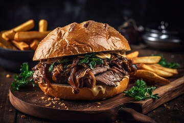 Grilled beef sandwich with cheese and mushrooms, served with potato chips. Generative AI.