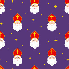 Seamless pattern with Sinterklaas or Sint-Nicolaas (Saint Nicholas) and stars on dark purple background. Dutch holiday celebration theme. Vector cartoon illustration.