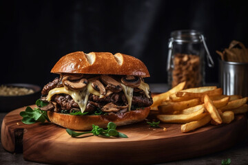 Grilled beef sandwich with cheese and mushrooms, served with potato chips. Generative AI.