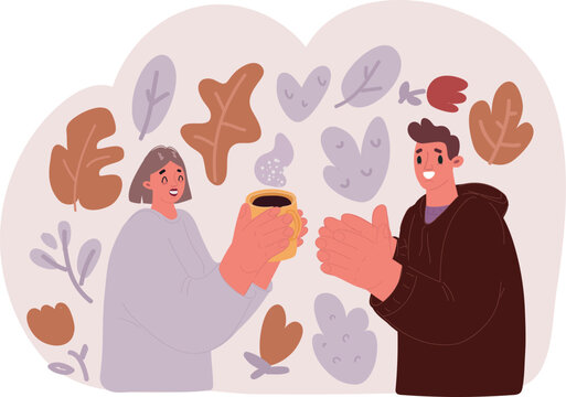 Vector illustration of Happy young adult couple with mub of tea or coffee