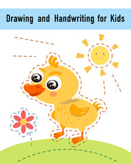 Drawing and handwriting for children. Educational activity game worksheet for kids. Cartoon funny characters. Vector illustration. 