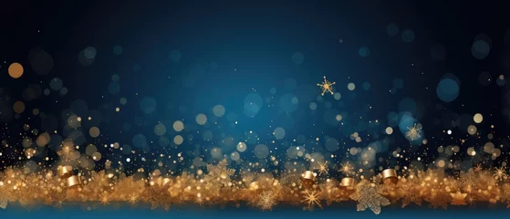 Gardinen Abstract christmas illustration, gold wavy shapes and particles on blue background, ai generated © leftmade