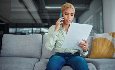 Home, phone call and serious woman with documents, conversation and connection with network....