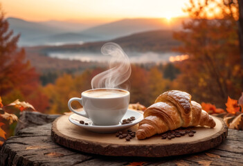 Café fumant le matin avec un croissant doré au beurre face à un paysage d'automne - obrazy, fototapety, plakaty