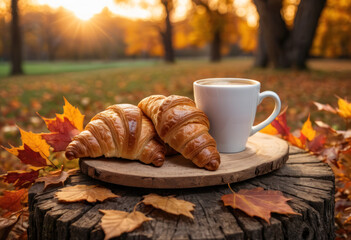 Petit déjeuner en forêt avec une tasse de café et des croissants dorés au beurre en automne - obrazy, fototapety, plakaty