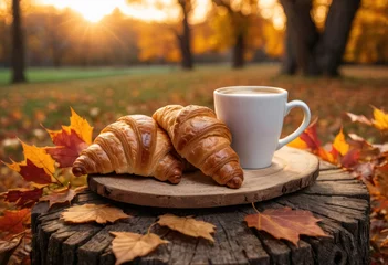 Fotobehang Petit déjeuner en forêt avec une tasse de café et des croissants dorés au beurre en automne © Morgan