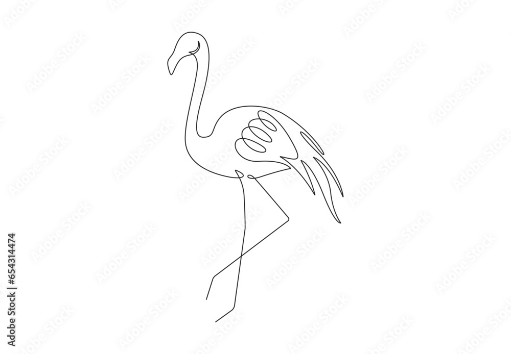 Poster continuous one line drawing of flamingo. isolated on white background vector illustration. premium v