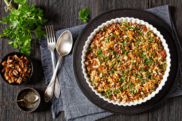 mushrooms ground meat casserole in dish, top view