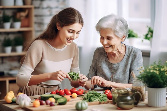 Happy old mother and her daughter preparing healthy food in the kitchen at home