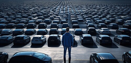 a man stands in a large parking lot with cars, car parking - obrazy, fototapety, plakaty