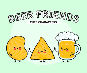 Cute, funny happy glass of beer, nachos and chips. Vector hand drawn cartoon kawaii characters, illustration icon. Funny happy cartoon glass of beer nachos chips mascot friends emoji,child,baby,face