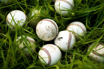 Photo of a pile of baseballs scattered on the grass