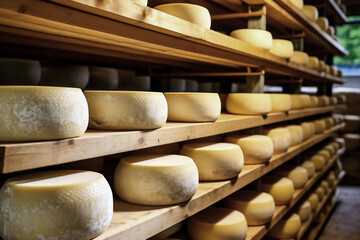 A large production room filled with many racks and shelves with different types of cheese. The...