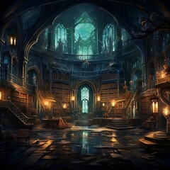 Fototapeta premium Old library with a lot of bookshelves, cabinet with many books digital illustration, magical archive of knowledge concept art