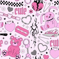Y2k emo goth seamless pattern. Background with old bear and bunny toys, hearts, spikes, tattoo, flame, knife in 2000s style. Black and pink glam gothic texture. Vector design - obrazy, fototapety, plakaty