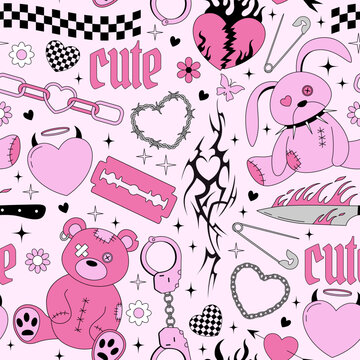 Y2k emo goth seamless pattern. Background with old bear and bunny toys, hearts, spikes, tattoo, flame, knife in 2000s style. Black and pink glam gothic texture. Vector design