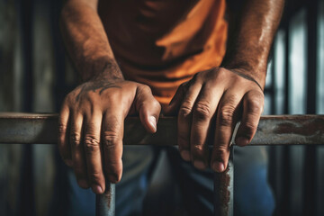 The male prisoner grabbed the prison bars with his hands. The pain and suffering of the prisoner. The inevitability of a judicial verdict. Hopelessness. The punishment of the criminal. - obrazy, fototapety, plakaty