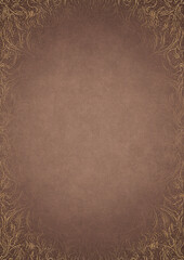 Light brown textured paper with vignette of darker color and golden hand-drawn pattern with splatters of golden glitter. Copy space. Digital artwork, A4. (pattern: p11-1d)