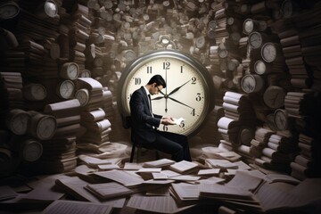 Deadline. Businessman trying to stop time. Time Management. Time pressure. Cure for old age. Annual reports. Abstract background from a lot of clock and reports. - obrazy, fototapety, plakaty