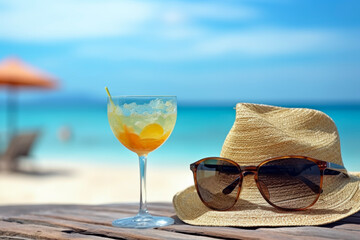 Natural lighting of straw hat with cocktails or tropical juice and sunglasses on sand beach in background of beautiful sky and sea. Travel concept of vacation and holiday. - obrazy, fototapety, plakaty