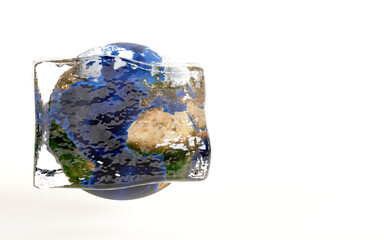 3D rendering of the Earth planet in melting ice cube, global warming  increases temperature earth, nature damage concept