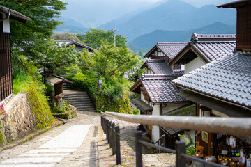 Fototapeta na wymiar Magome juku , Edo village on Enakyo Nakasendo trails during summer morning at Gifu , Japan : 29 August 2019