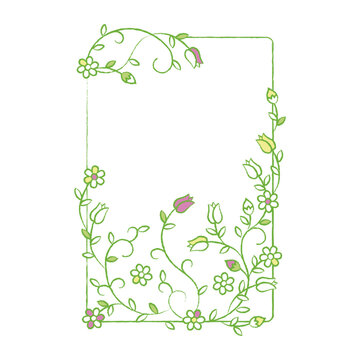 春の花飾り　フレーム　チューリップ　イラスト　緑　葉　蔦　装飾　グリーティング　文具　雑貨