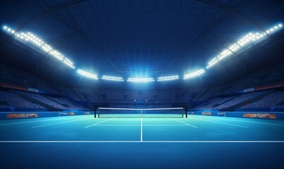 Blue tennis court and illuminated indoor arena with fans, player front view, professional tennis sport 3d illustration background, Generative AI - obrazy, fototapety, plakaty