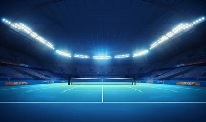 Fotobehang Blue tennis court and illuminated indoor arena with fans, player front view, professional tennis sport 3d illustration background, Generative AI © Yash
