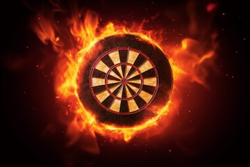 Dart board target in burning flames close up on dark brown background. Classical sport equipment as conceptual 3D illustration, Generative AI