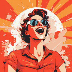 Retro poster of a young woman singing in the sun. Happy lady with sunglasses celebrating summer vacation. Feminist activist shouting for freedom and revolution. Woman laughing outdoors