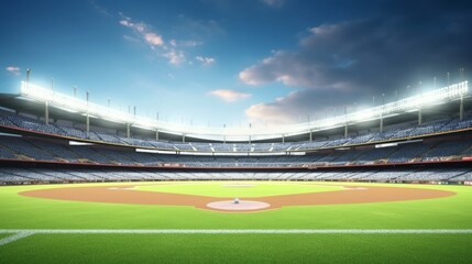 Grand baseball stadium field spot daylight view, modern public sport building 3D render background, Generative AI