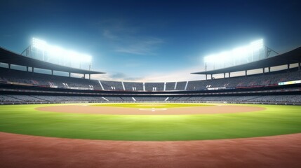 Grand baseball stadium field spot daylight view, modern public sport building 3D render background, Generative AI - obrazy, fototapety, plakaty