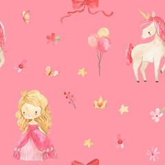 watercolor seamless pattern pink flower illustration for kids princess