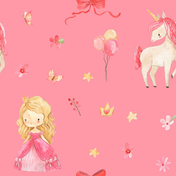 watercolor seamless pattern pink flower illustration for kids princess