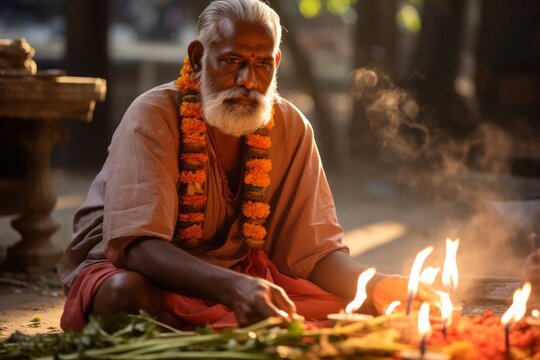 Photo of a hindu priest conducting a religious ceremony - created with Generative AI technology