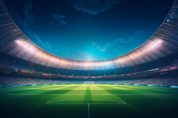 Grand stadium full of spectators expecting an evening match on the green grass field. Sport building 3D professional background illustration, Generative AI