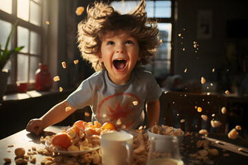 Happy boy playing with food on kitchen table ai generated art. 