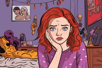 A redhead teenager sitting in her room extremely bored. Sad and confused girl alone at home