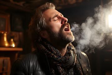 Man with scarf breath smoke in pain ai generated art.  - obrazy, fototapety, plakaty