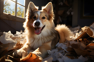 border collie dog sitting in mess of paper ai generated art. - obrazy, fototapety, plakaty