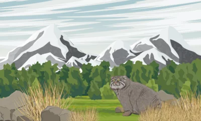 Foto op Aluminium Pallas's cat walks through a valley with grass and bushes at the foot of the mountains. Wildlife of Asia. Realistic vector landscape © AnnstasAg