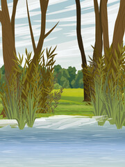 Shore of a lake with tall green grass and trees. Realistic vector vertical landscape