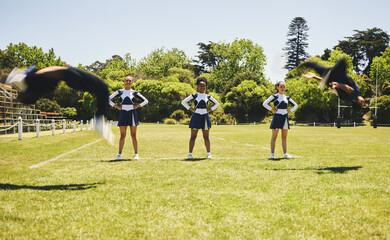 Cheerleader team, practise or sports field for exercise, routine and uniform for fitness, dancers...